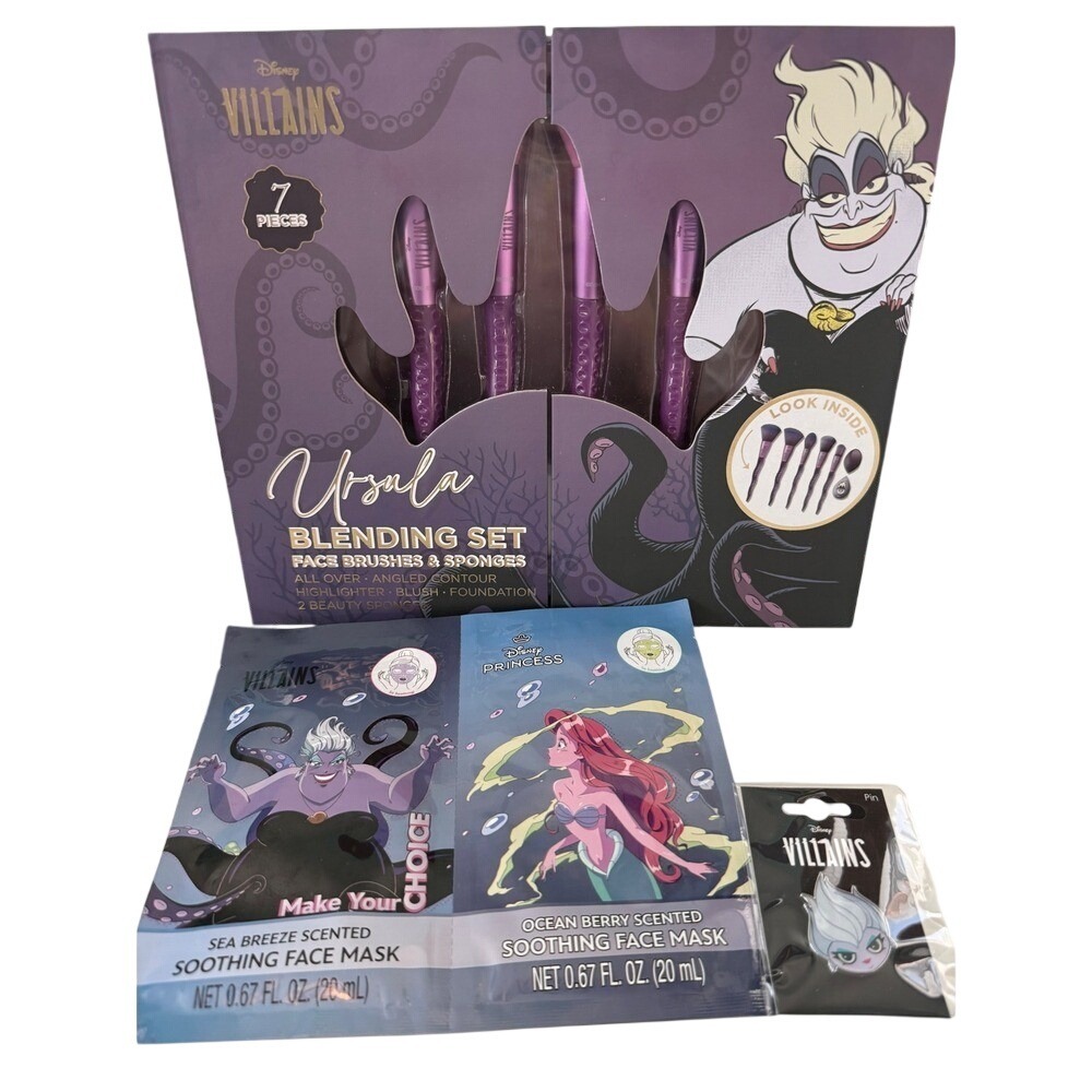 Disney Villains Ursula Makeup Brush Set 7pc Face Masks‎ and Enamel Pin Bundle